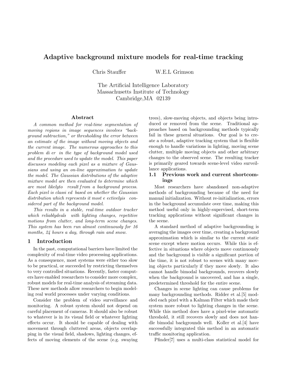 Adaptivebackgroundmixturemodelsforrealtimetracking_第1页