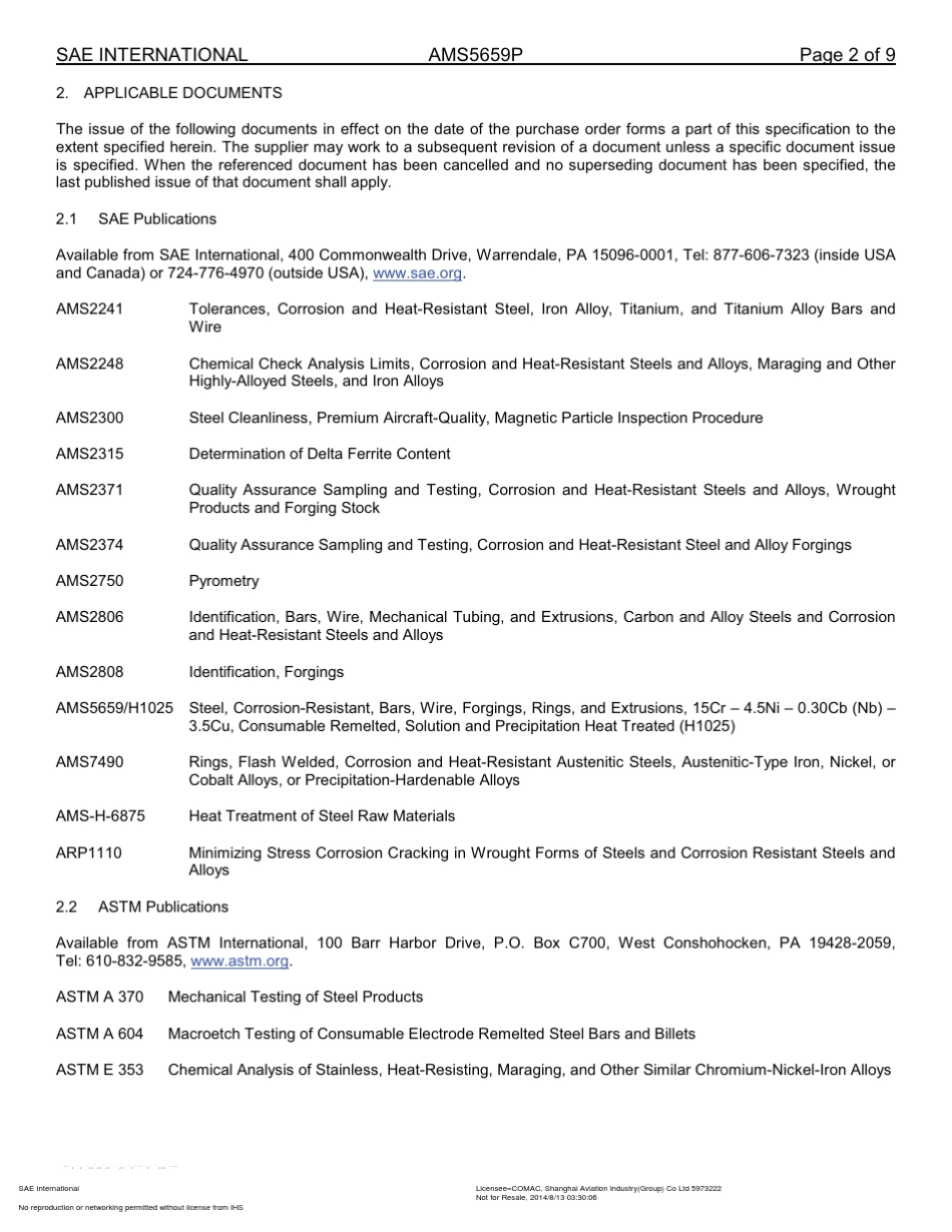 AMS5659P耐蚀合金棒材、丝材、锻件、环材和型材155PH自耗电极熔炼,固溶热处理,可沉淀硬化_第2页