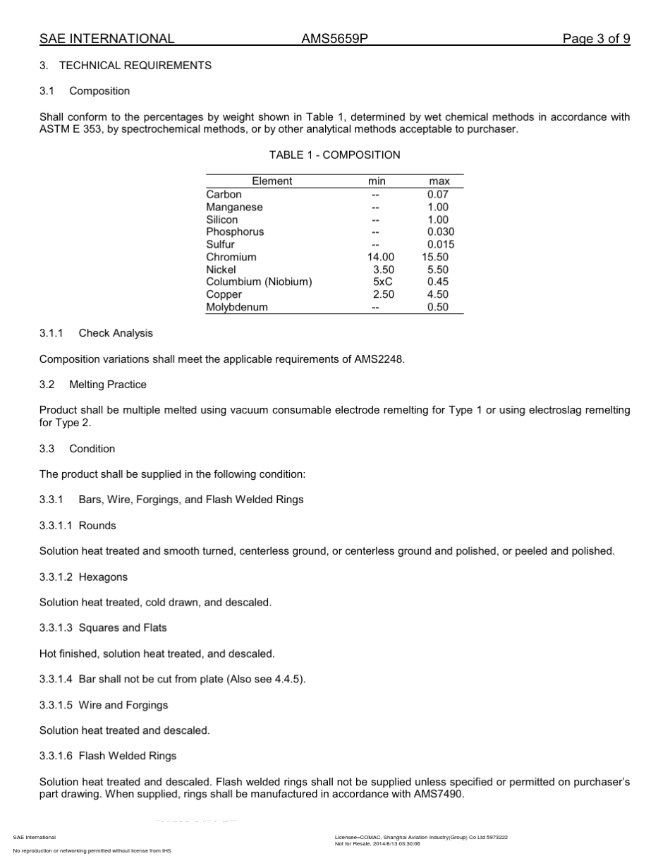 AMS5659P耐蚀合金棒材、丝材、锻件、环材和型材155PH自耗电极熔炼,固溶热处理,可沉淀硬化_第3页