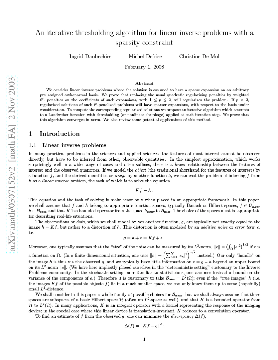 Aniterativethresholdingalgorithmforlinearinverseproblemswithasparsityconstraint_第1页