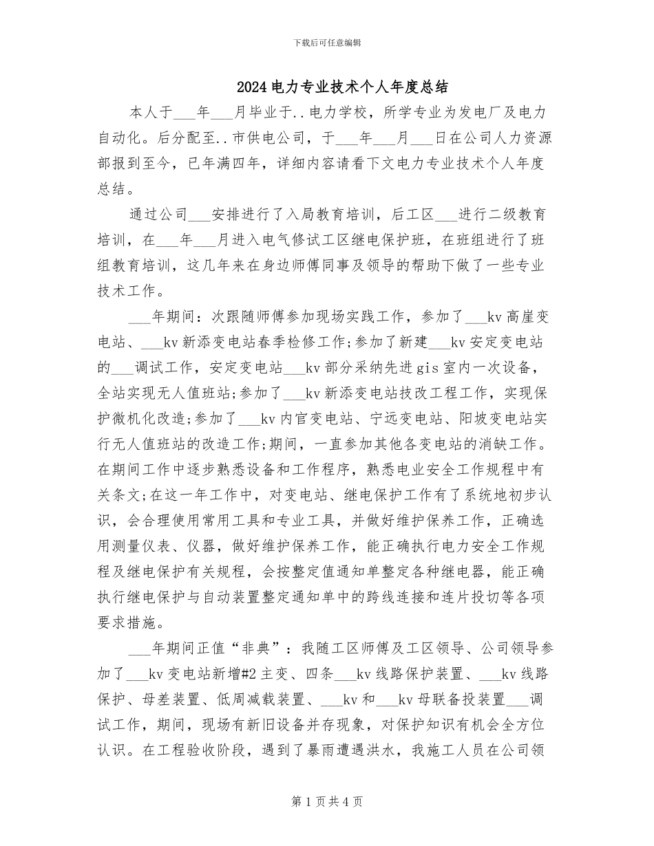 2024电力专业技术个人年度总结_第1页