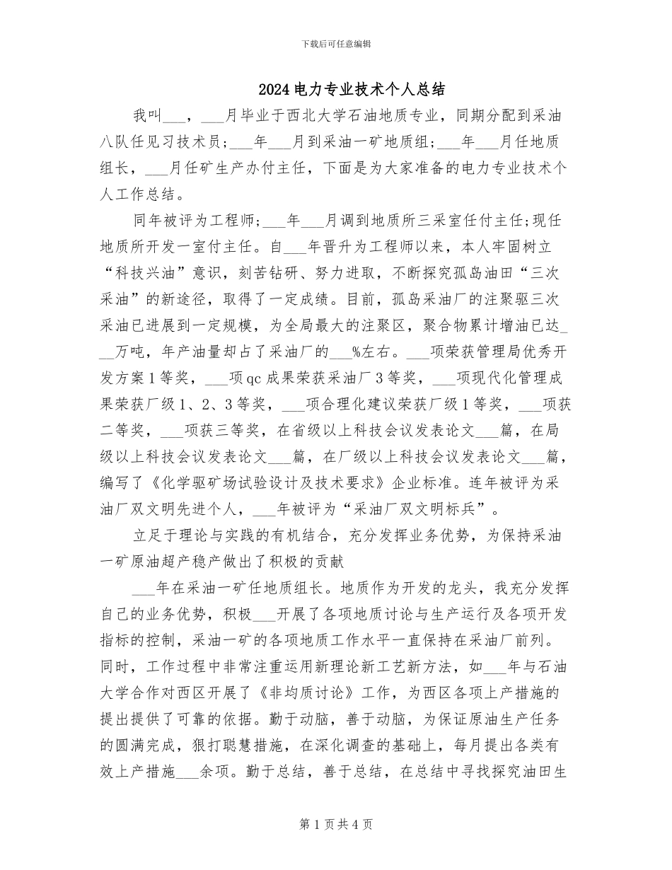 2024电力专业技术个人总结_第1页