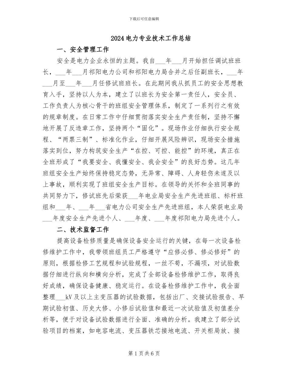 2024电力专业技术工作总结_第1页