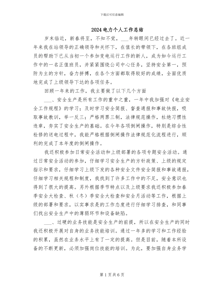 2024电力个人工作总结_第1页