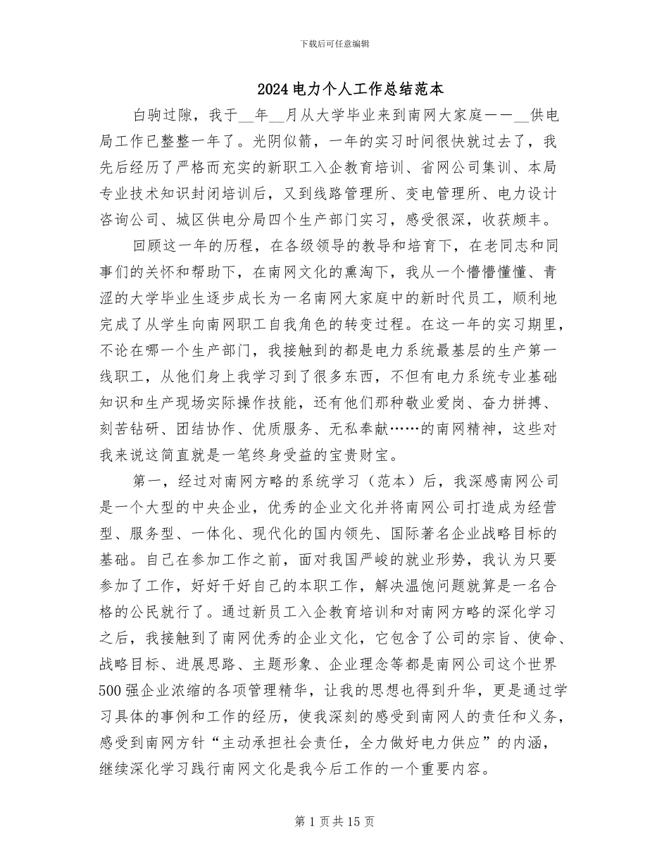2024电力个人工作总结范本_第1页