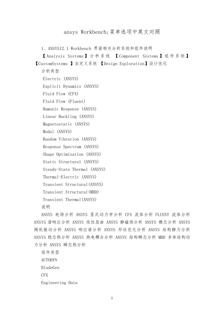 ansysWorkbench菜单选项中英文对照翻译_第1页