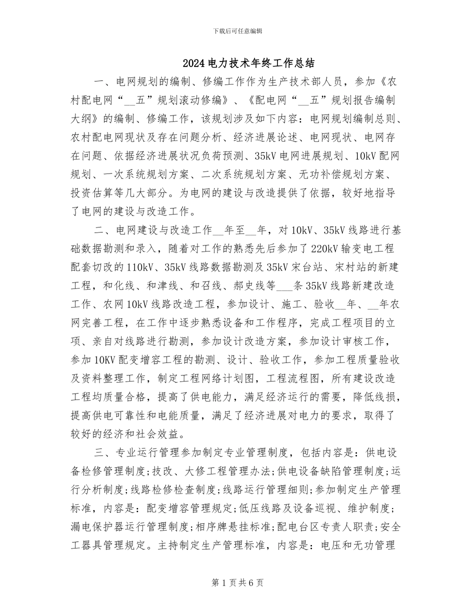 2024电力技术年终工作总结_第1页