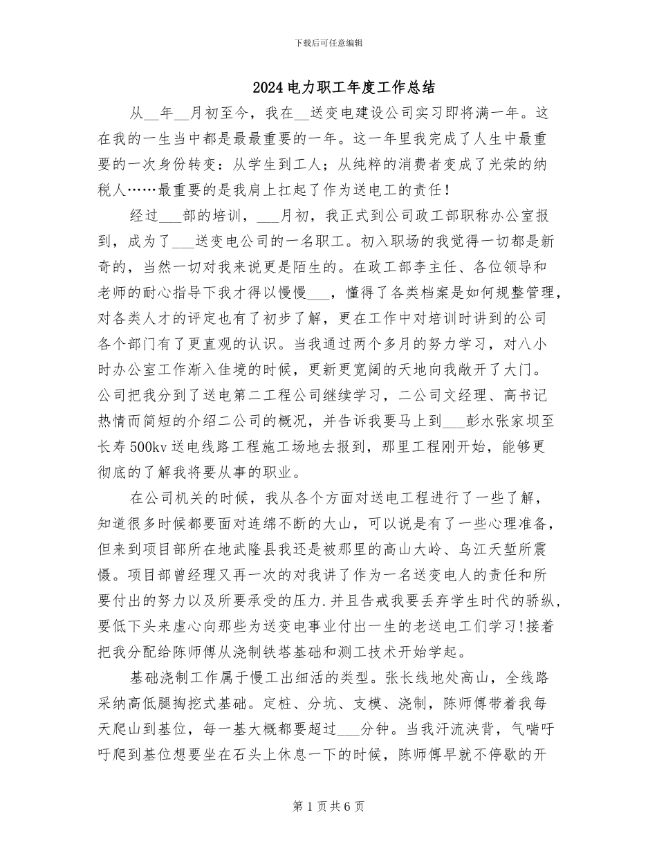 2024电力职工年度工作总结_第1页