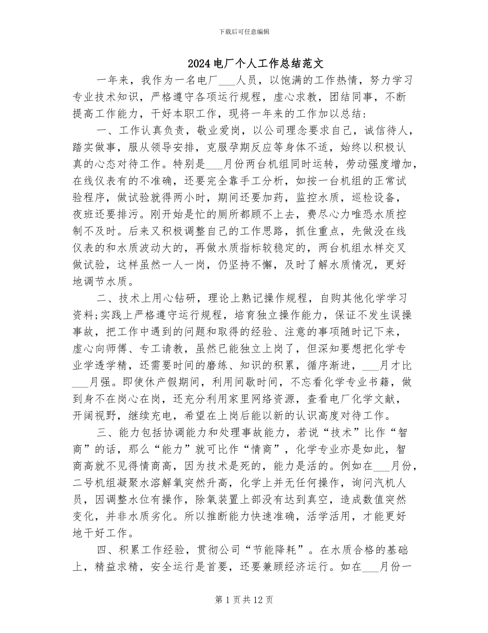 2024电厂个人工作总结范文_第1页