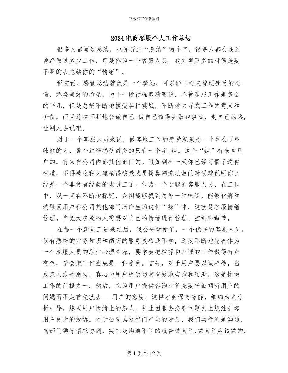 2024电商客服个人工作总结_第1页