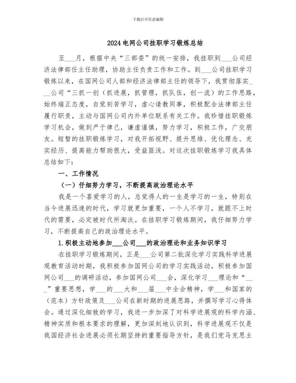 2024电网公司挂职学习锻炼总结_第1页