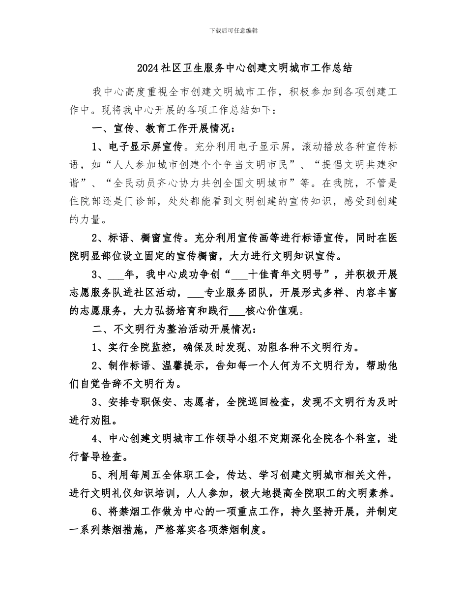 2024社区卫生服务中心创建文明城市工作总结_第1页