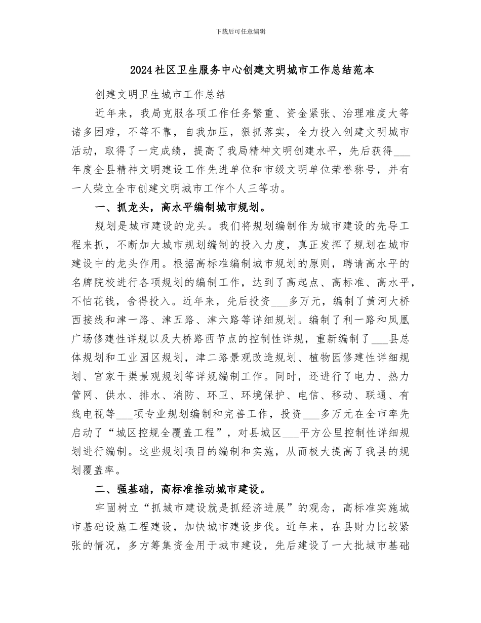 2024社区卫生服务中心创建文明城市工作总结范本_第1页