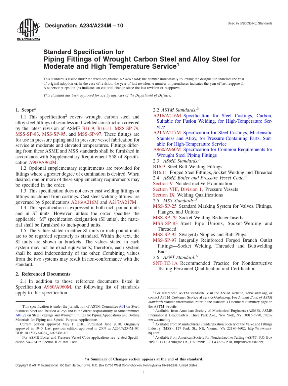 ASTMA23410中温与高温下使用的锻制碳素钢及合金钢管配件_第1页