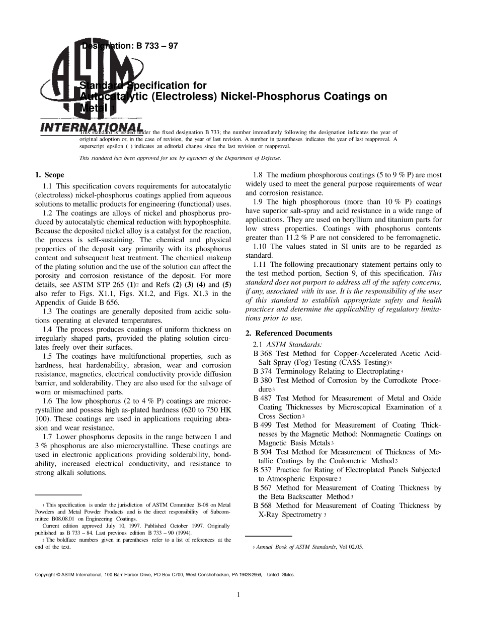 ASTMB73397金属表面化学镀镍磷层规范标准_第1页