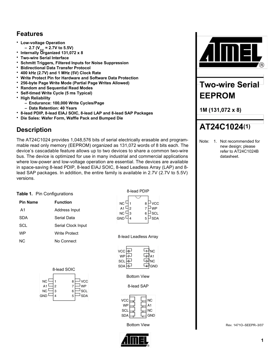 ATMEL公司芯片AT24C1024_第1页