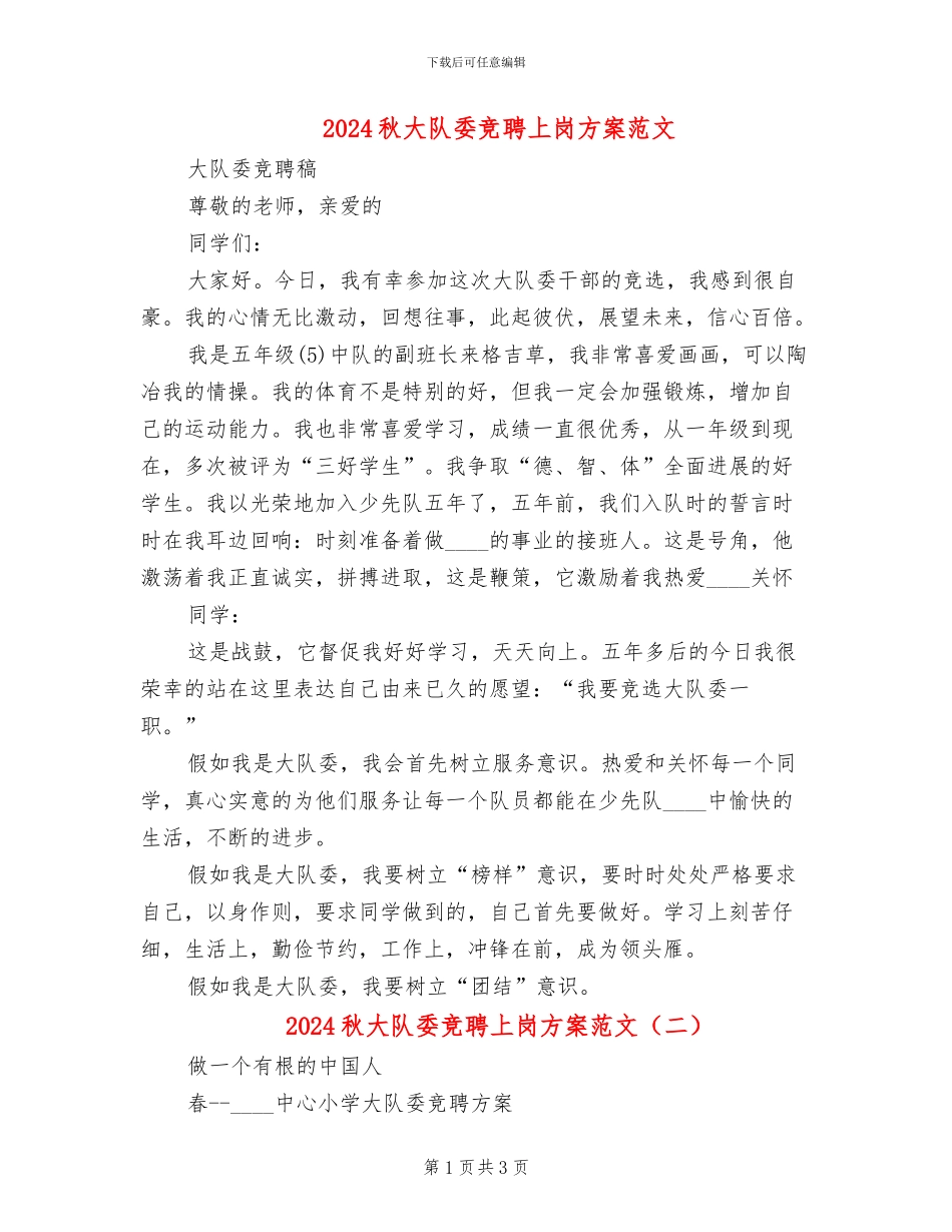 2024秋大队委竞聘上岗方案范文(2篇)_第1页