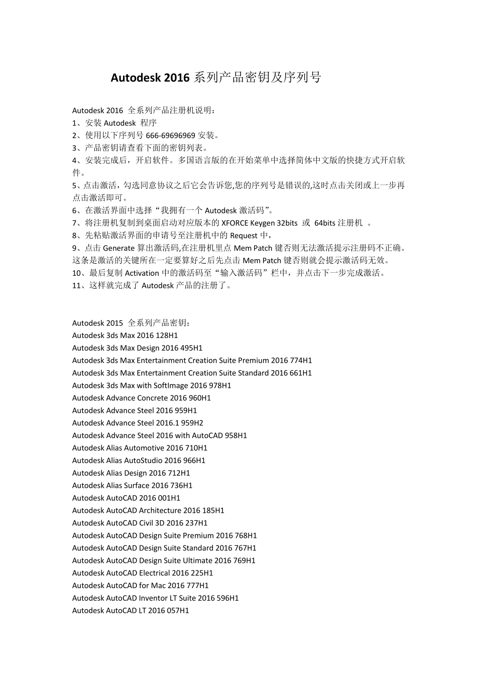 Autodesk2016系列产品密钥及序列号_第1页