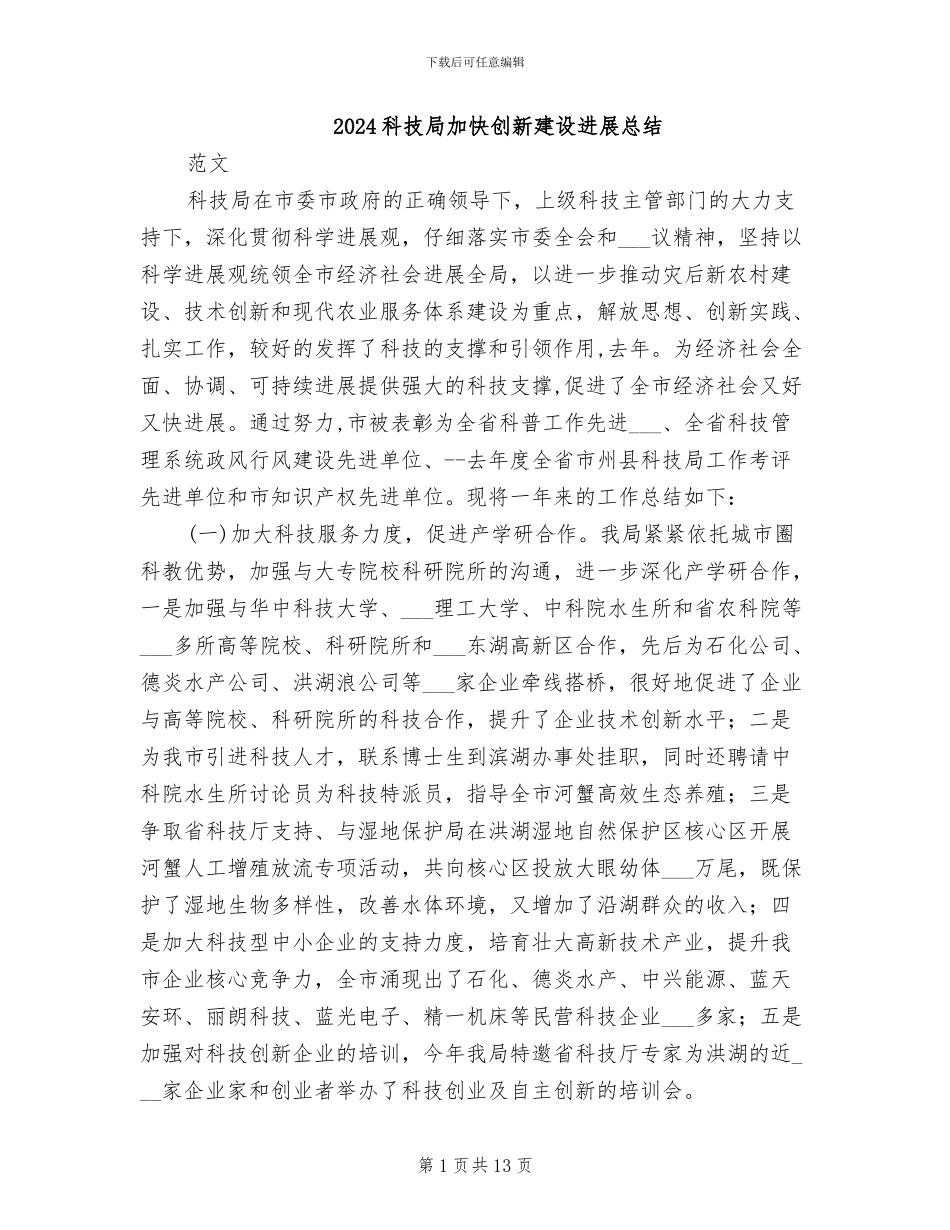 2024科技局加快创新建设发展总结_第1页
