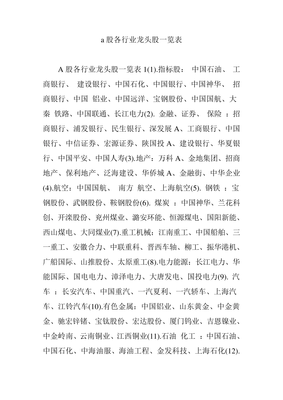 A股各行业龙头股一览表_第1页