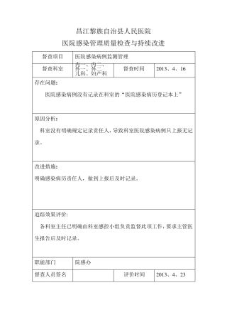 B2.院科两级医院感染管理组织对相关制度落实情况有监督检查,对发现问题及缺陷及时反馈,有持续改进措施