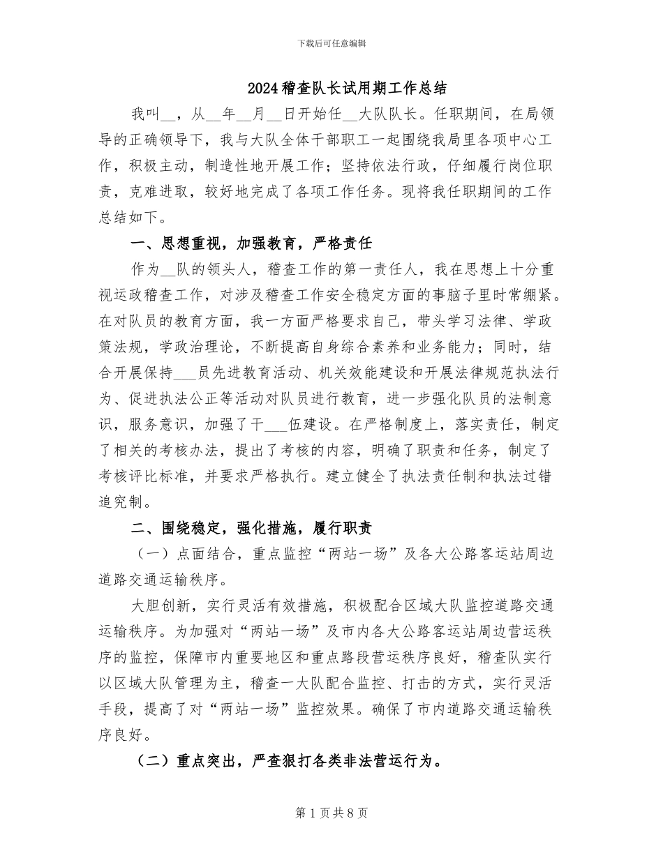 2024稽查队长试用期工作总结_第1页