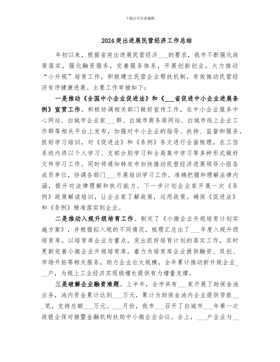 2024突出发展民营经济工作总结_第1页