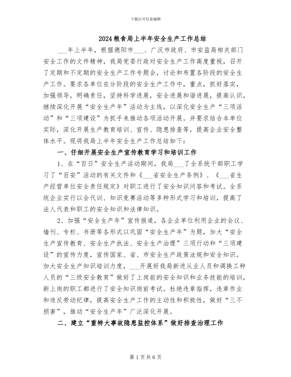 2024粮食局上半年安全生产工作总结_第1页