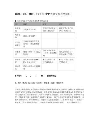 BOT、BT、TOT、TBT和PPP投融资模式全解析