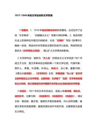 现代文学史自考知识点：1917-1949年的文学运动和文学思潮