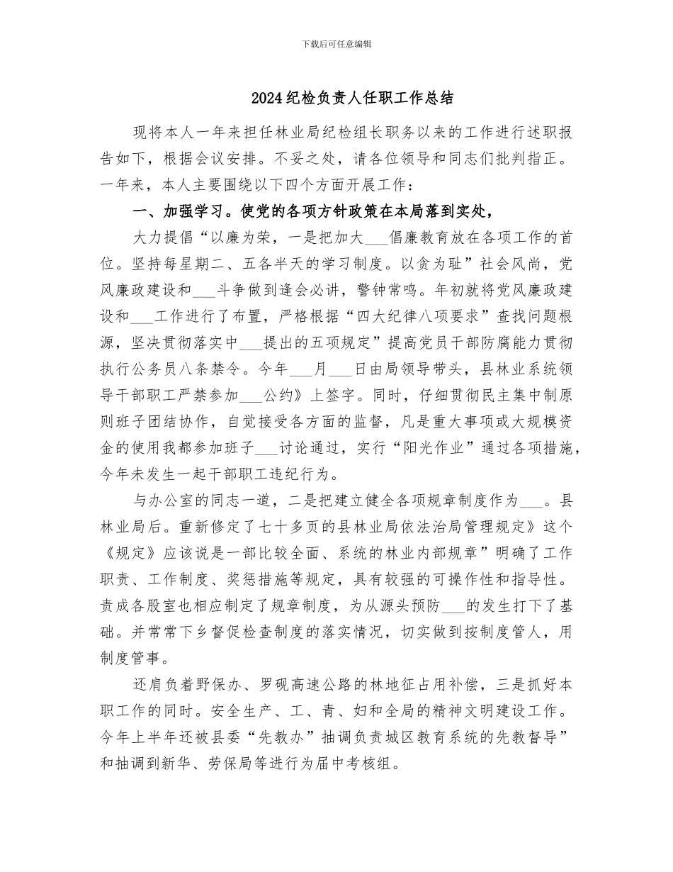 2024纪检负责人任职工作总结_第1页