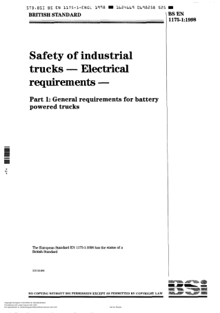 BSEN117511998工业货车安全电气要求第1部分：电池驱动货车的一般要求