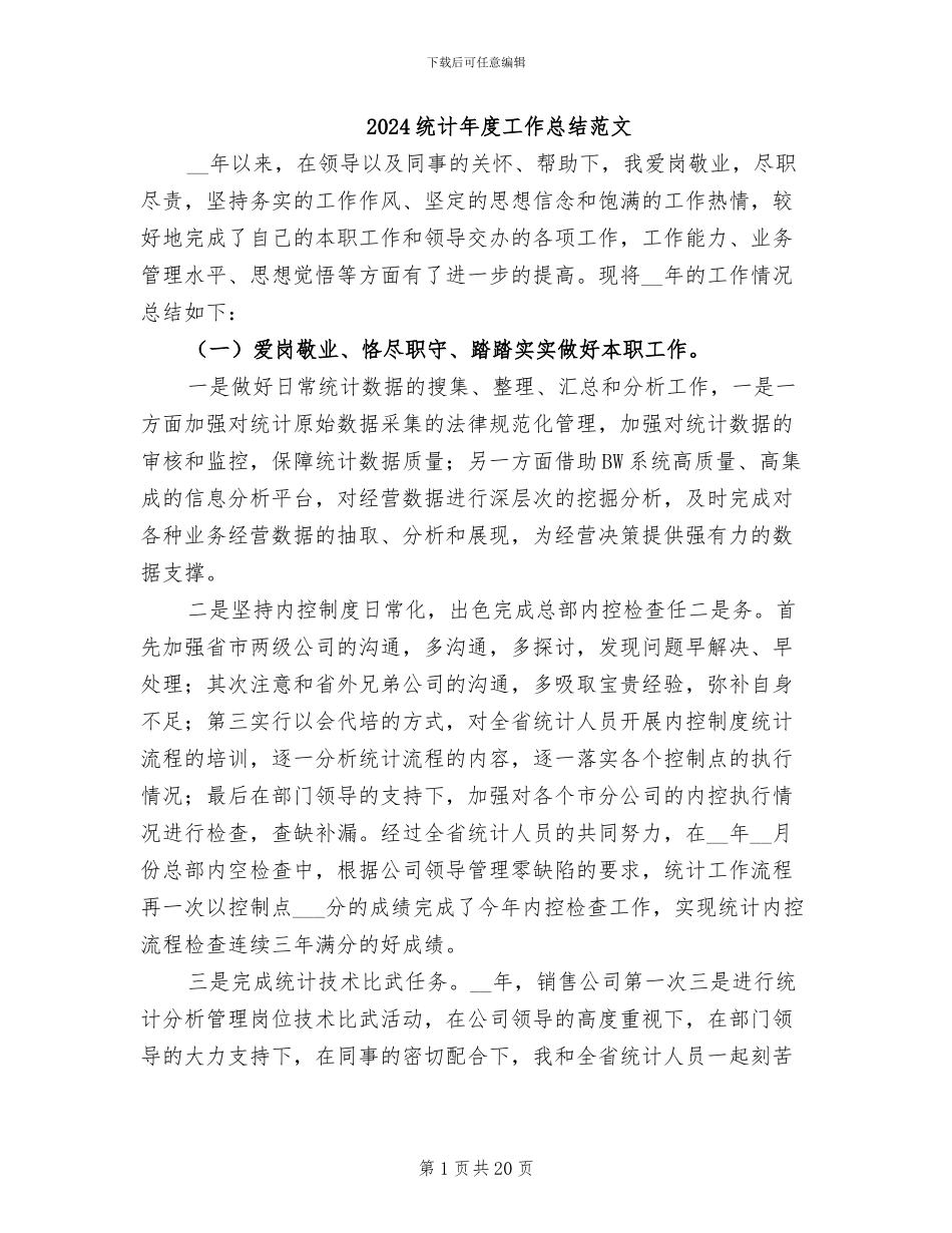 2024统计年度工作总结范文_第1页