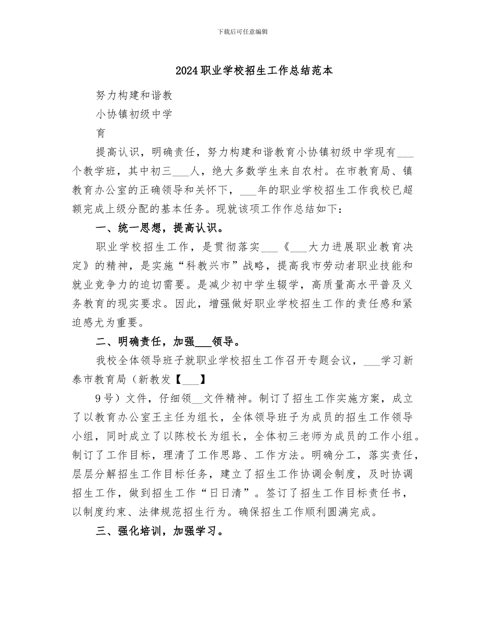 2024职业学校招生工作总结范本_第1页