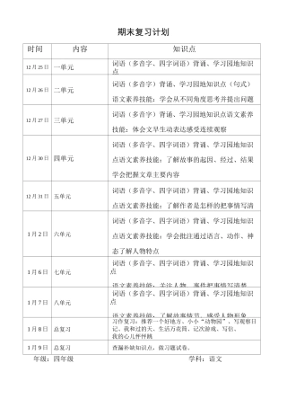 部编版 四年级语文复习计划