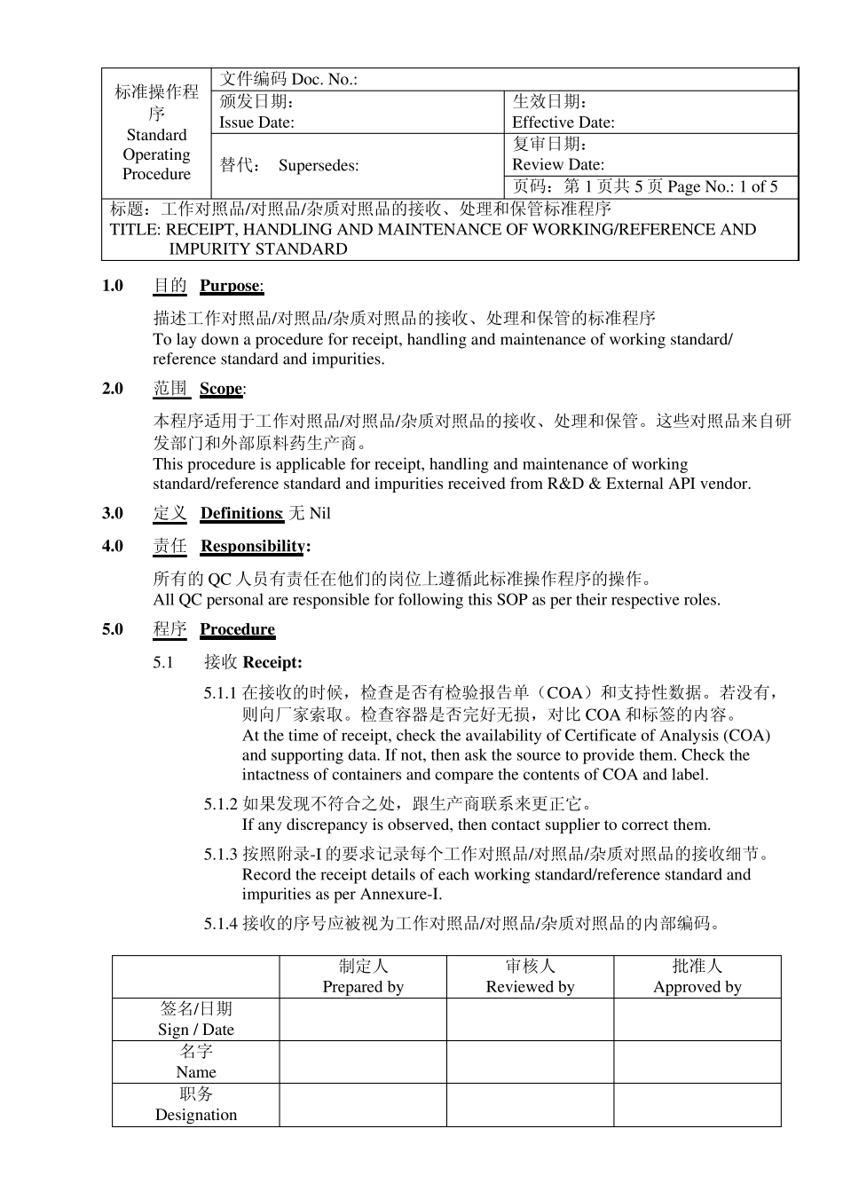 CGMP文件工作对照品杂质对照品的接收处理保管标准程序SOP_第1页