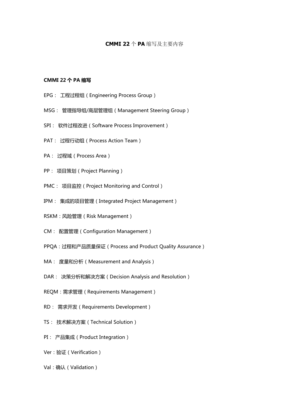 CMMI22个PA缩写及主要内容_第1页