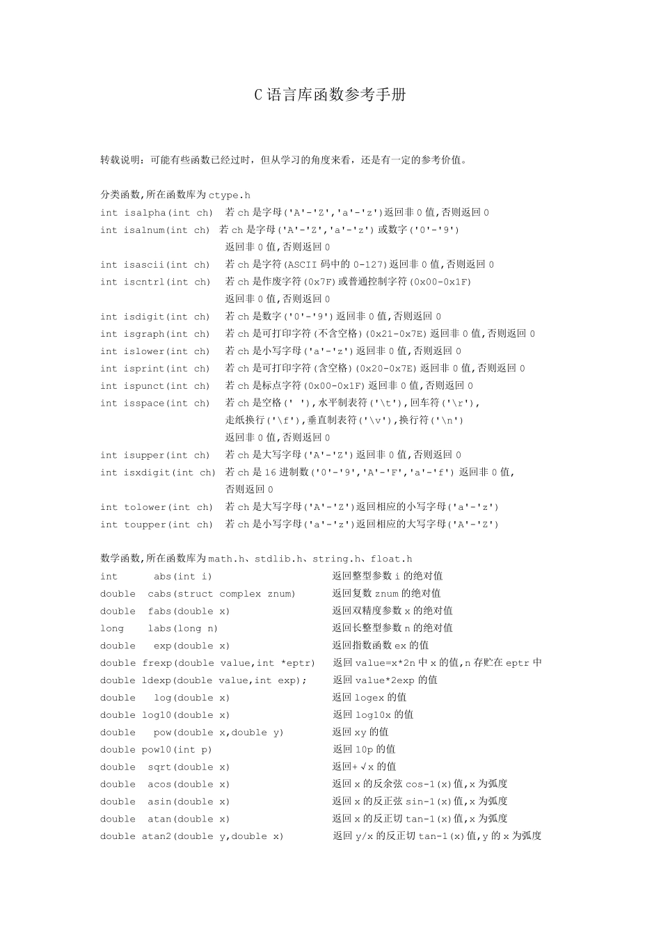 C语言库函数参考手册_第1页