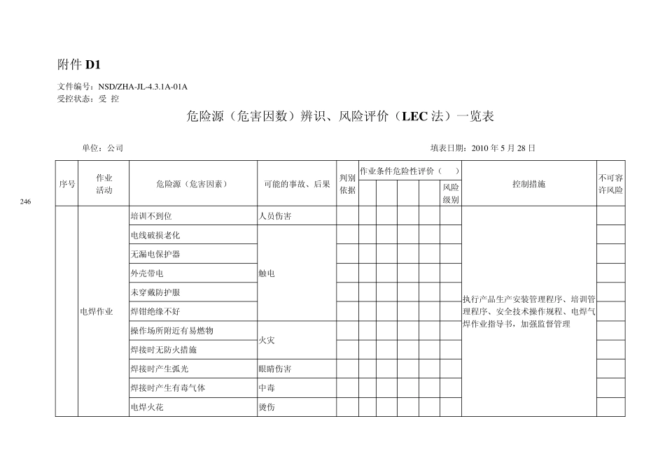 D1危险源(危害因数)辨识、风险评价(LEC法)_第1页
