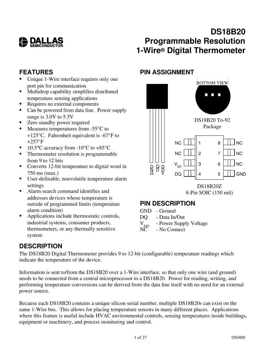 datasheet_DS18B20_第1页