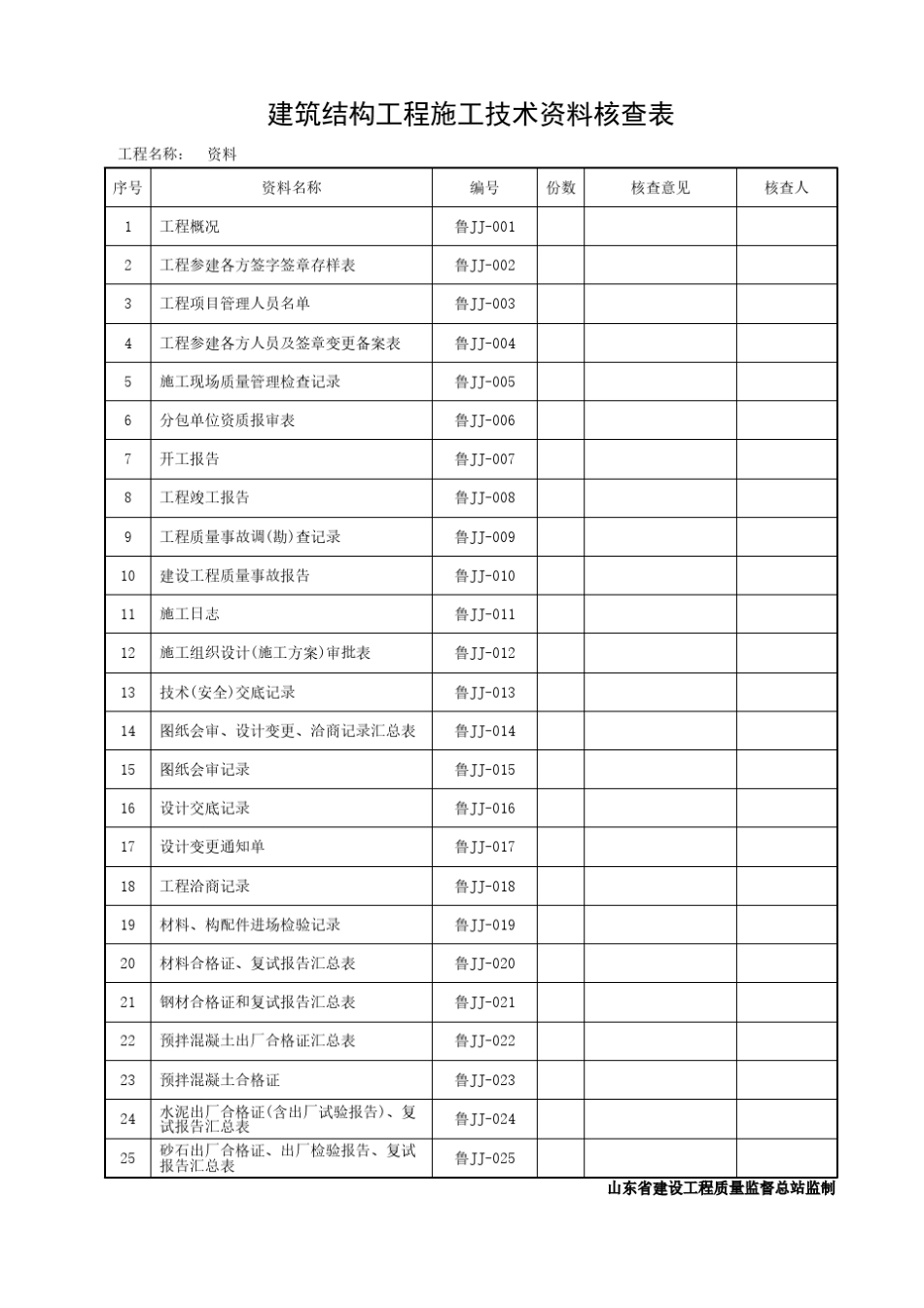 DB37T50722016山东建筑工程建筑结构施工技术资料jj资料表格_第1页