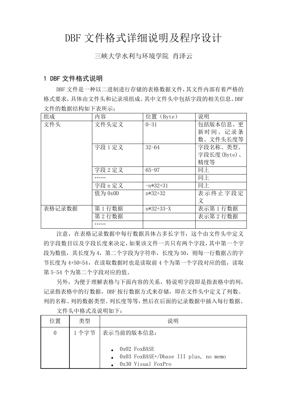 DBF文件格式详细说明及程序设计_第1页