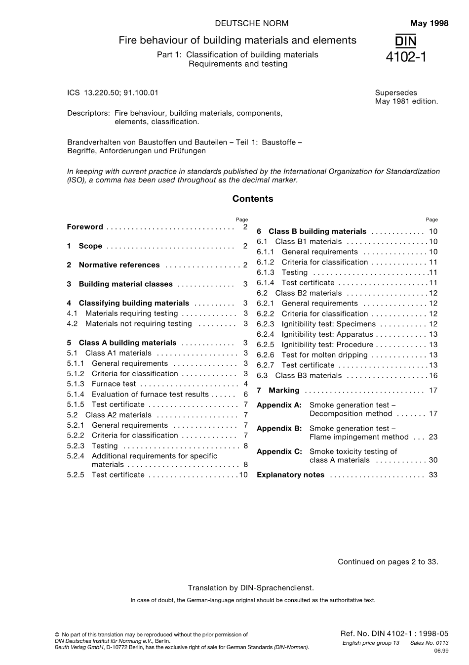 DIN410211998材和构件的耐燃性.第1部分建材.概念、要求和检验_第1页
