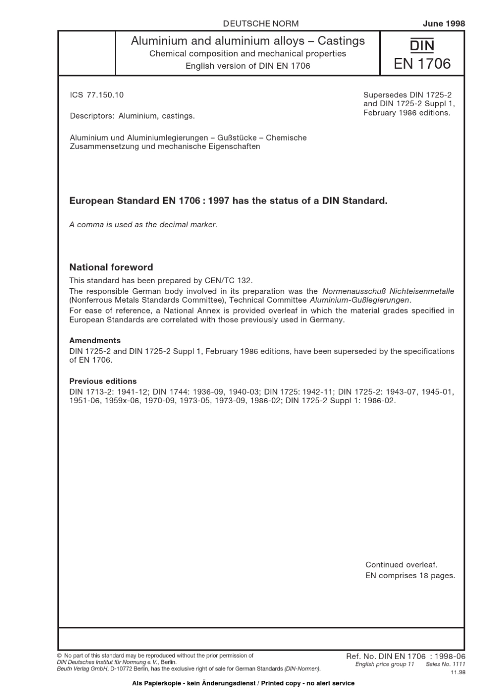 DINEN1706铝及铝合金铸件化学成份和机械性能_第1页
