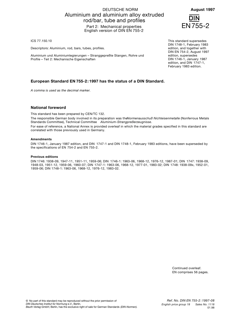 DIN_EN_7552_铝合金拉伸管棒_第2部分：机械特性_第1页