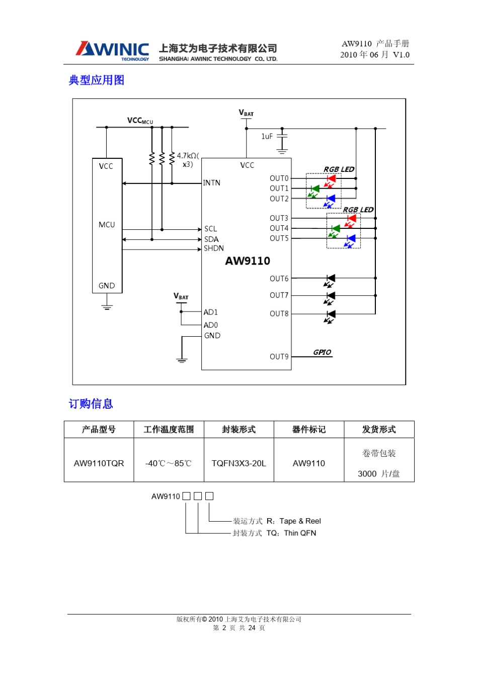 DS_AW9110_CN_V1_0_I2C接口_可扩展GPIO_10路呼吸灯控制器_第2页