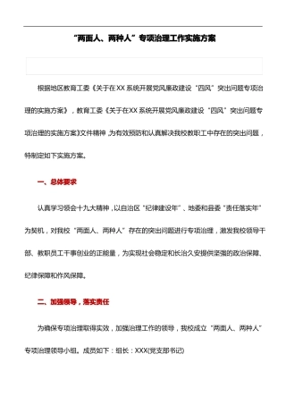 实施方案：两面人、两种人专项治理工作实施方案
