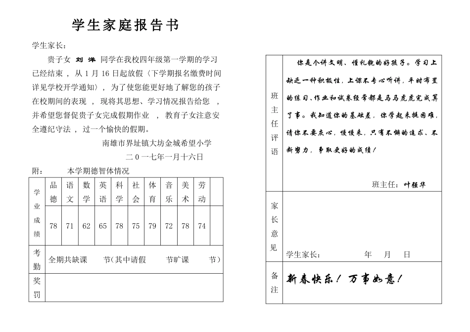 实用中小学家庭报告书模板_第1页
