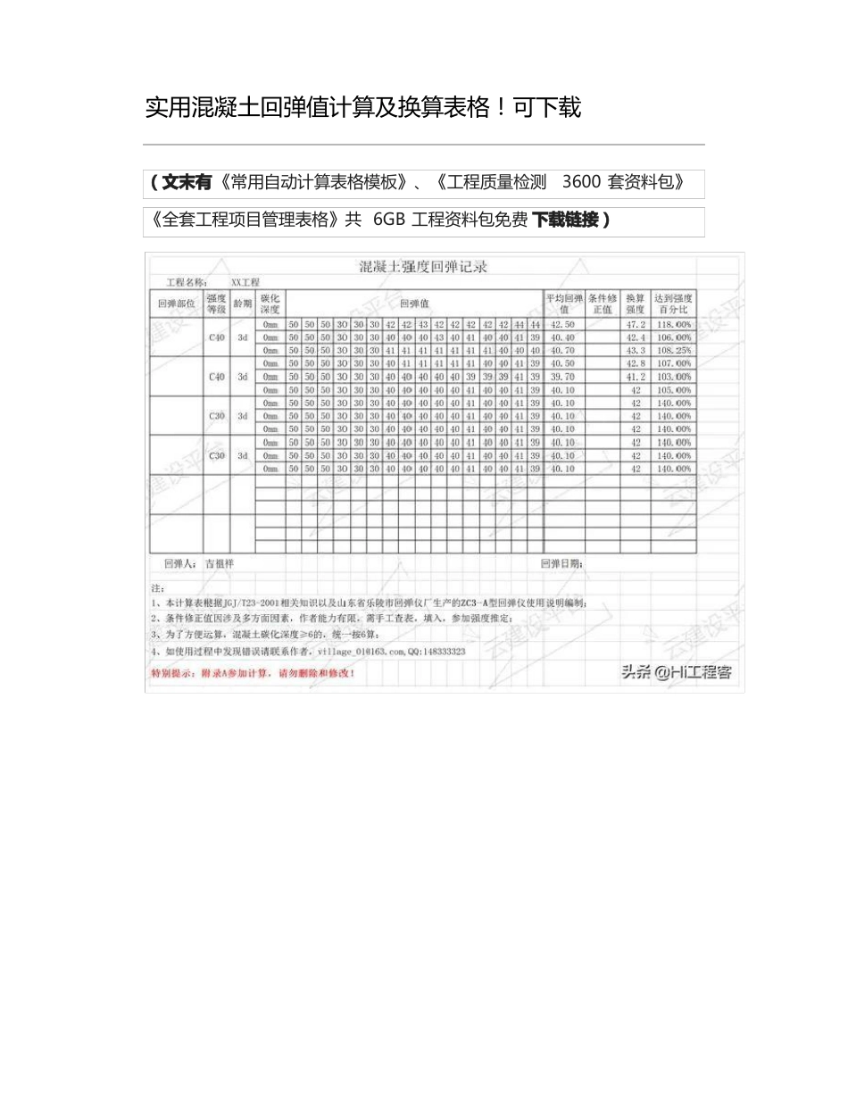 实用混凝土回弹值计算及换算表格!可下载_第1页