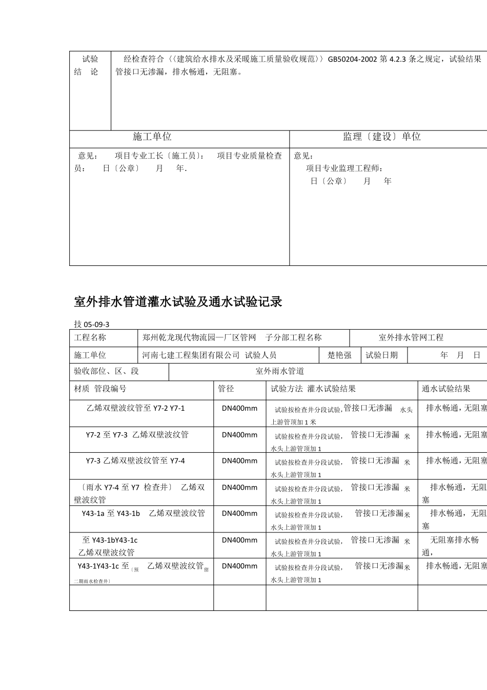 室外排水管道灌水试验及通水试验记录-室外雨水管道_第3页